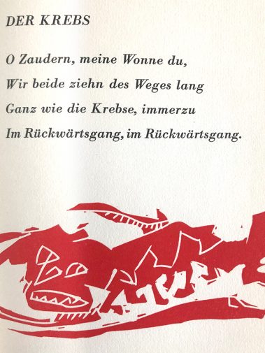 Illustration aus: Bestiarium“ : Fünfundzwanzig Gedichte nach Guillaume Apollinaire’s „Le Bestiaire ou Cortège d’Orphée“ von Karl Krolow, Original-Linolschnitte und Typographie von Flora Klee-Palyi Foto: Privat