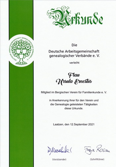 Urkunde der Arbeitsgemeinschaft Genealogischer Verbände