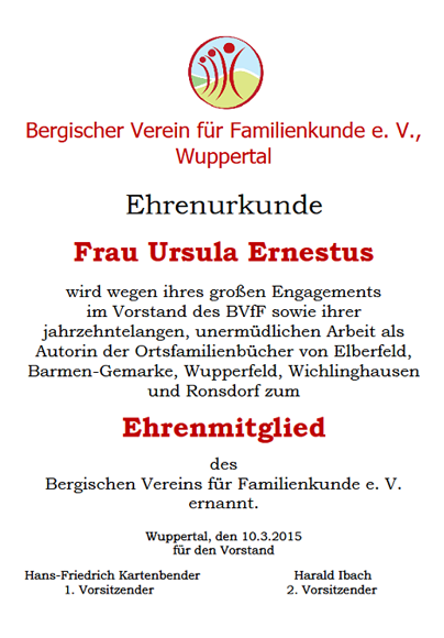 Urkunde des Bergischen Vereins für Familienkunde